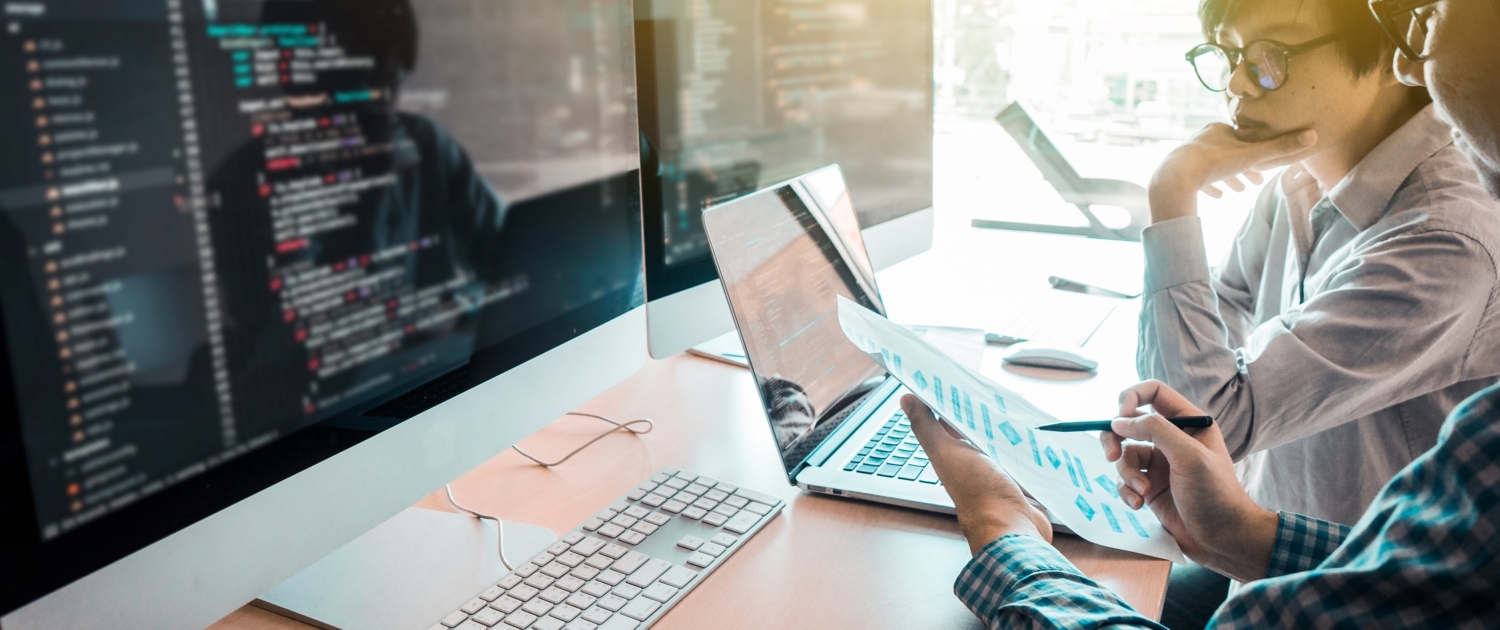 programming and coding technologies. Website design. Programmer working business in software develop company office screen computer background